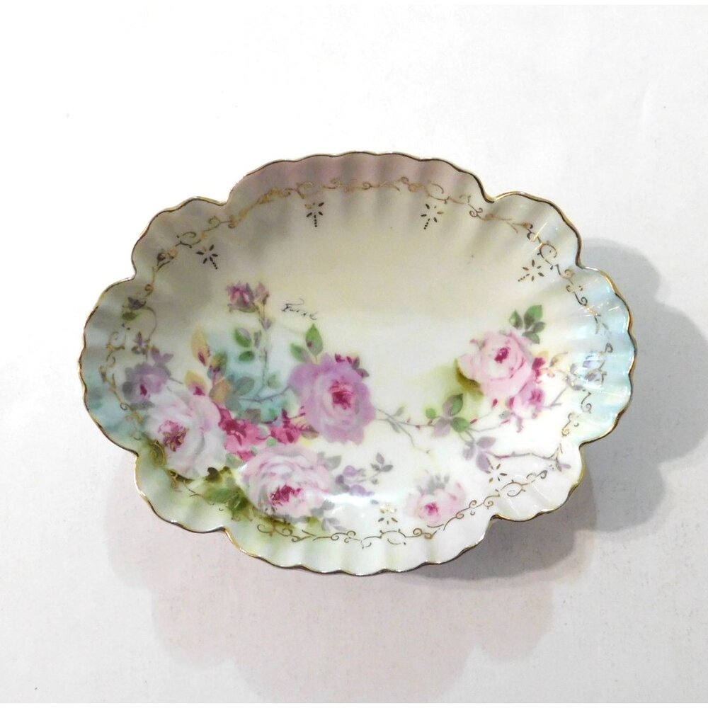 Royal Crown Chantilly Rose Porcelain Dish 1945 Hand Painted Floral Gold Trim